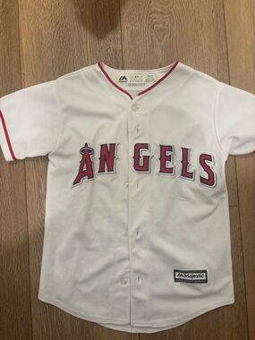 Majestic White Kids Angels Baseball Jersey with Red Trim